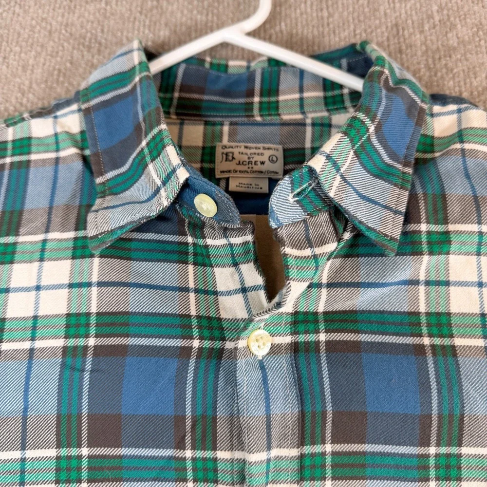 Vintage J Crew‎ Tailored Woven Shirts Blue Green Plaid Cotton Button Up Size L